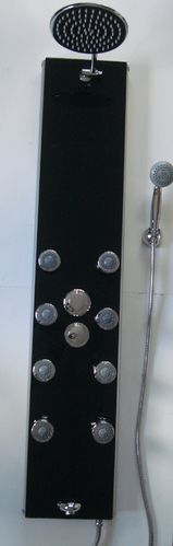 THERMOSTATIC SHOWER PANEL, BLACK GLASS FRONT, ALUMINIUM BODY, BODY JETS AND BATH FILLER