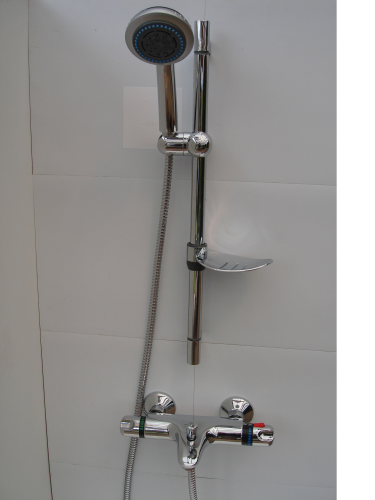 Wall Mounted Thermostatic Bath Shower Taps, Rail, Multi Spray Head & Hose