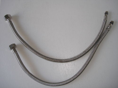Pair of Flexible Stainless Steel Metal Tap Hoses, 1/2"BSP Nut & M10 male threads - Approx 50cms.